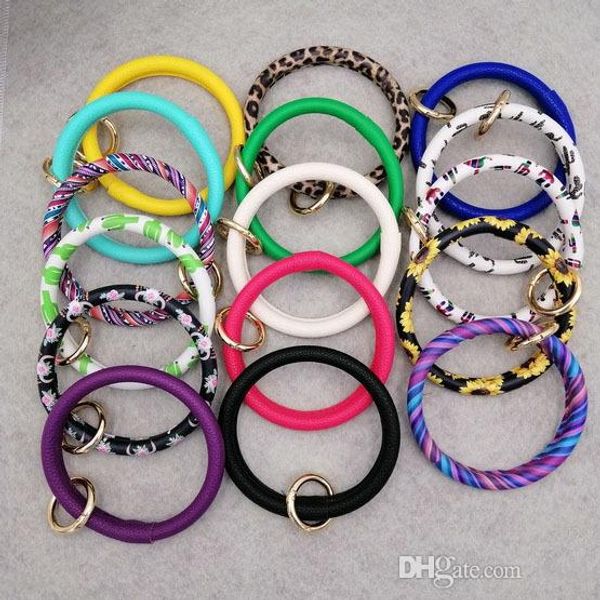 монограммой кожа pu wristlet брелок браслет брелок большой круг брелок кожаный браслет держатель для женщин девочек, Silver